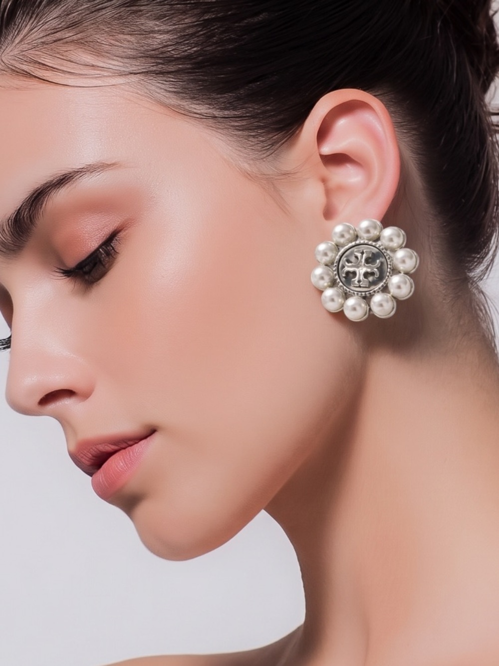 Tory Burch Silver-Tone Pearl Cluster Logo Earrings
